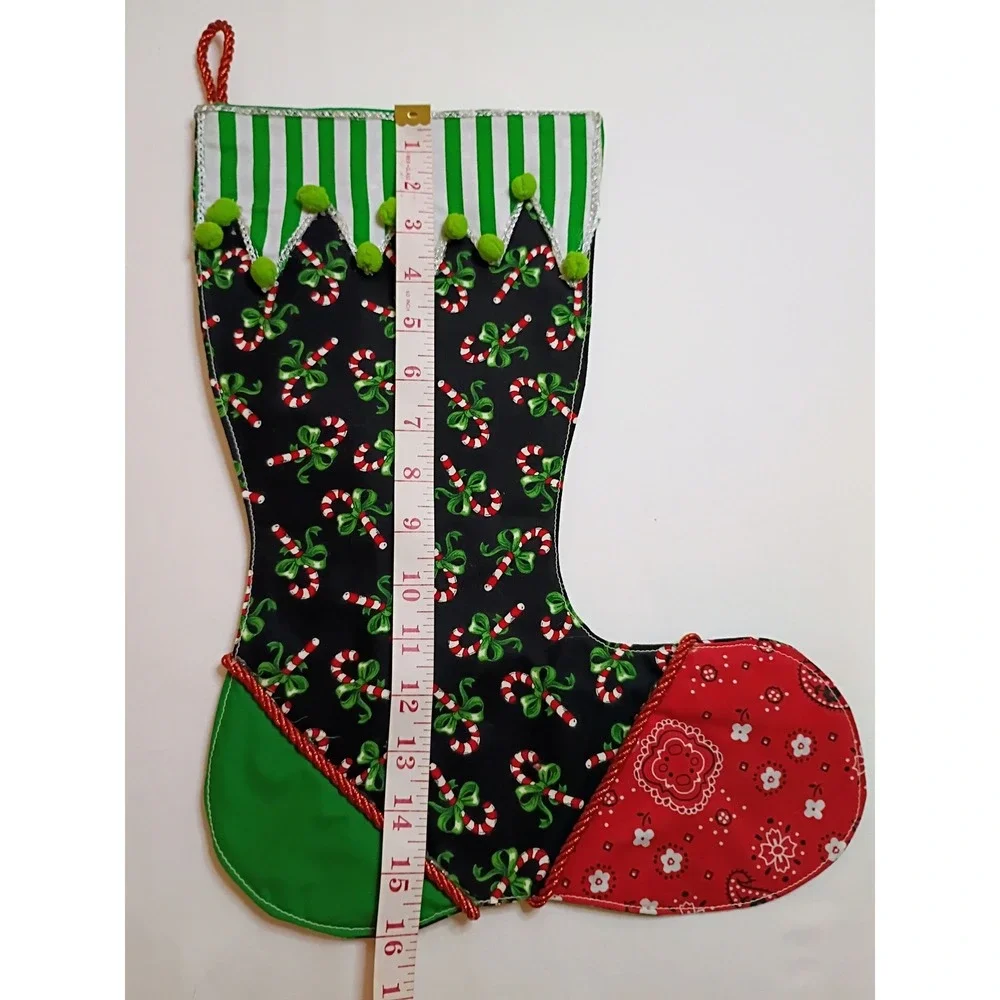 Handmade Christmas Stocking Candy Cane Patchwork Red Green‎ Black Elf Boot Style